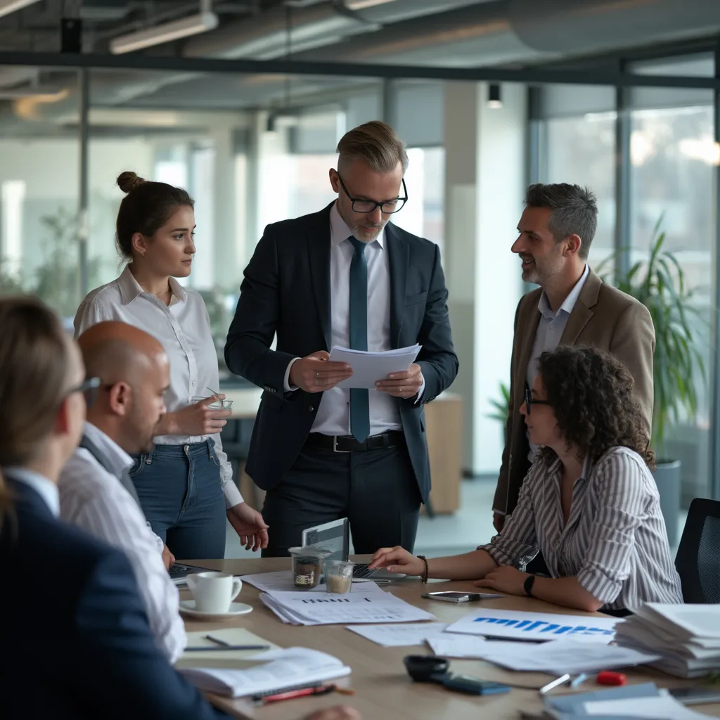 Equipo de consultores reunidos en oficina moderna